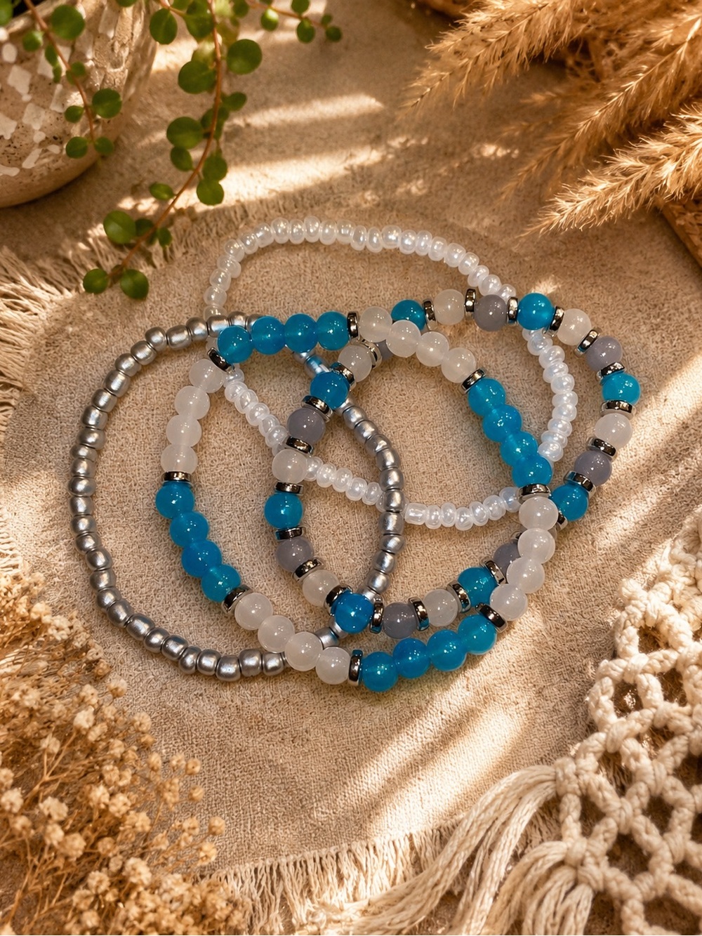Handmade Blue & White Beaded Stretch Bracelet Set
